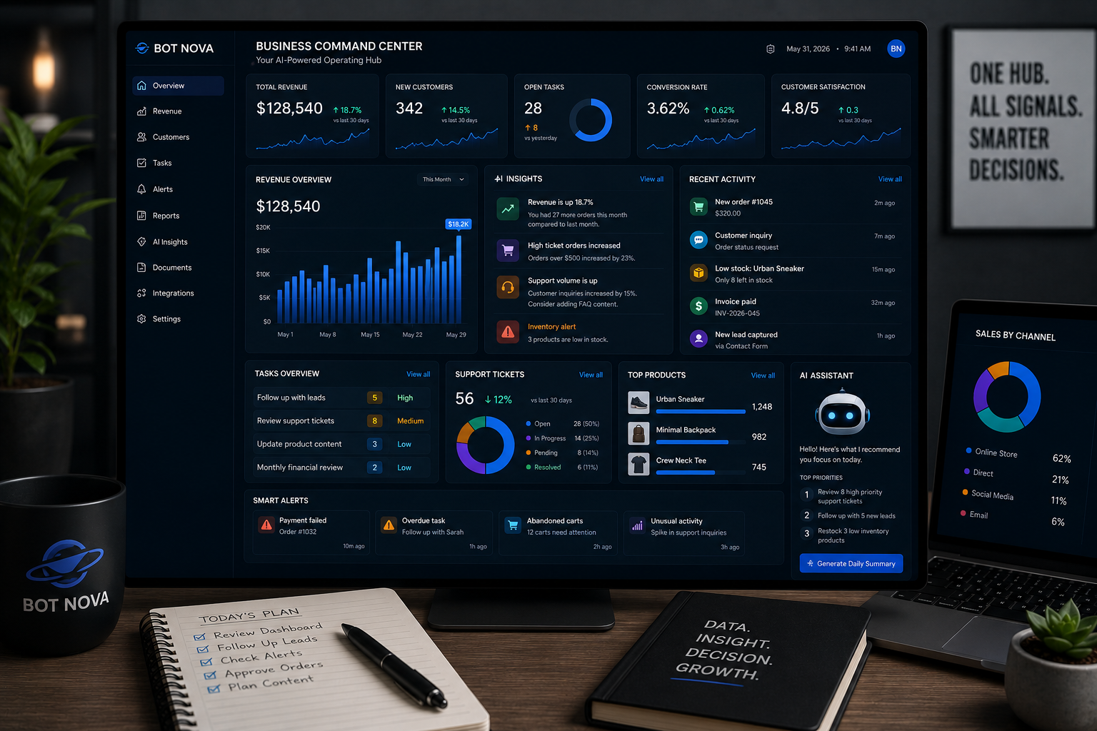 AI business command center dashboard for data tasks alerts and decision support