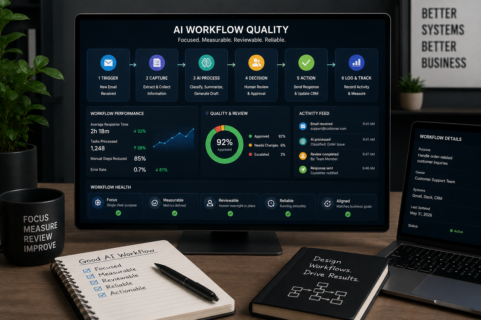 AI workflow strategy dashboard showing focused measurable and reviewable systems