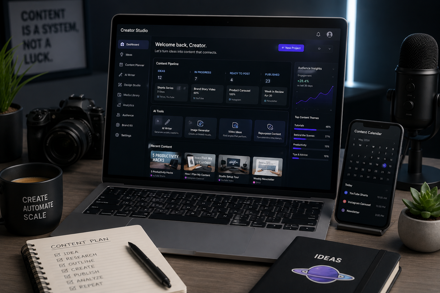 AI creator tools dashboard for content production systems